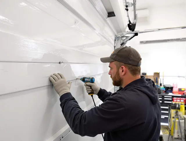 Davie Garage Door Repair technician demonstrating precision dent removal techniques on a Davie garage door