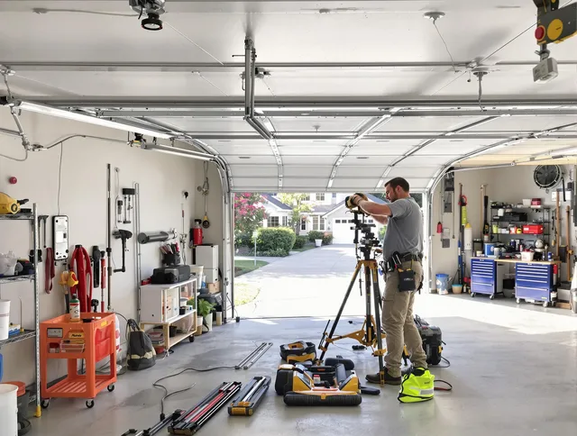 Davie Garage Door Repair specialist performing laser-guided track alignment in Davie